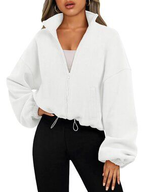 Women's White Long Sleeve ZIP Up Oversized Cropped Sweatshirt Fleece Jacket